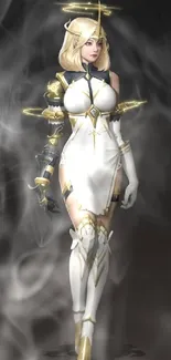 Angelic character in white and gold attire on dark background.