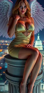 Angelic figure on cityscape background at night.
