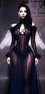 Dark fantasy wallpaper with angelic figure and gothic design in black hues.