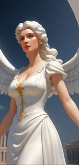 Angelic figure with white wings in an elegant, serene fantasy setting.