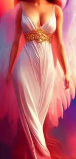 Elegant fantasy art of an angelic figure with pink wings and vibrant colors.