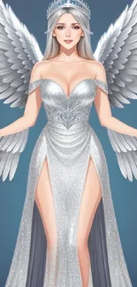 Angelic figure with wings wearing a sparkling silver gown.