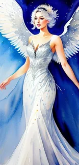 Angelic figure in a white gown with luminous wings against a cosmic blue background.