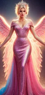 Angelic figure in a pink gown with radiant wings in fantasy artwork.