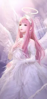 Pink-haired angel in a serene fantasy setting.