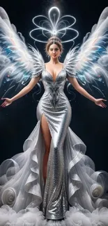 Elegant angel in silver gown with celestial wings against a starry sky.