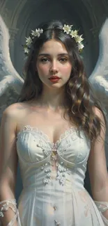 Fantasy angel with wings in a serene setting.