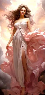 Elegant angelic figure in flowing gown with soft pink hues.