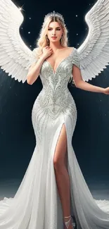 Elegant angelic figure with white wings and a sparkling gown in mobile wallpaper.