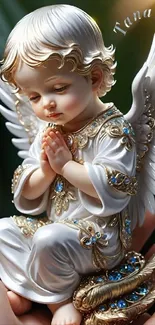 Charming angelic figurine with golden accents and serene expression on hands.