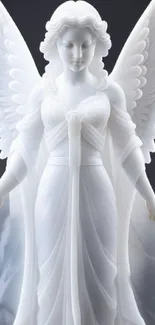 Angelic marble sculpture with detailed wings on a serene background.