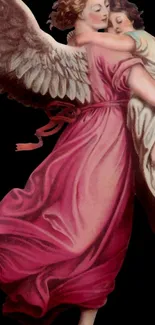 Elegant angel in pink gown with wings on black background.