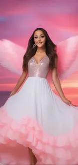 Angelic woman in a pink dress with wings against a sunset background.