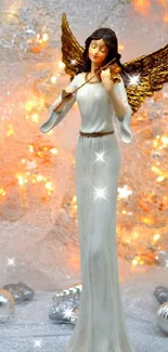 Angel statue with golden wings, glowing background.