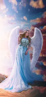 Angelic figure in blue dress with wings at sunset.