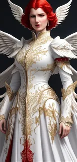 Red-haired angelic warrior with wings in white and gold armor.