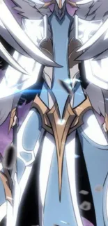 Angelic warrior with wings in anime style, light blue and white armor.