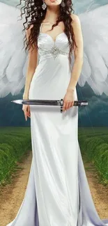 An angel holding a sword in a white dress with wings and a moody sky.