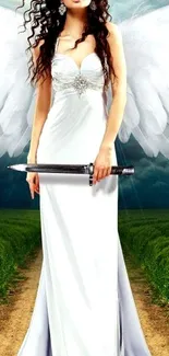 Angelic warrior woman with sword in white dress and wings.