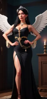 Angelic woman in black dress with wings in a cozy room.