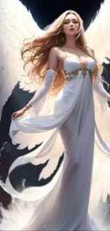 Elegant angelic woman with white wings in a flowing gown.