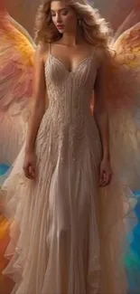 Angelic woman in elegant gown with vibrant wings.