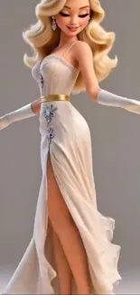Elegant animated character in stylish dress.