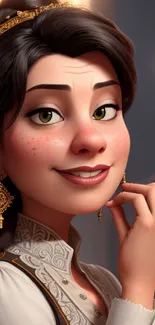 Beautiful animated character with a crown and elegant attire.