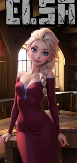 Animated character in burgundy dress, standing in a cozy room setting.