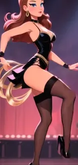 Illustrated elegant dancer on stage, vibrant colors.