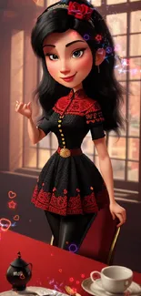 Elegant animated girl in a vintage dining room setting with red accents.