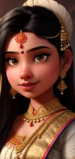 Elegant Indian animated character in regal attire with intricate jewelry.