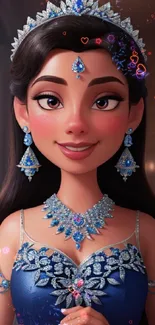 Animated princess in a regal blue gown with elegant jewelry.