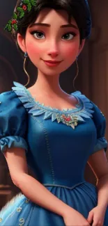 Elegant animated princess in a blue dress.