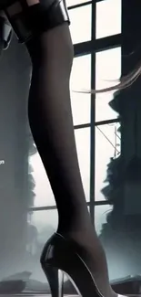 Mysterious anime silhouette in black by a window.