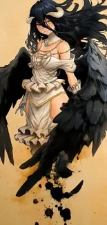 Anime angel with black wings on beige background.