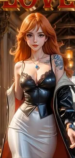 Anime illustration of a stylish redhead woman in an elegant setting.