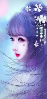 Anime character with purple hair and floral decorations, elegant art.