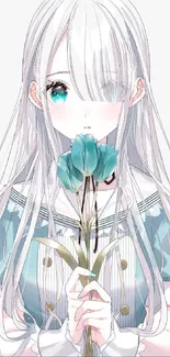 Anime girl with teal eyes holding a flower.