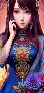 Elegant anime character in colorful dress with floral accents.