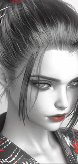 Elegant anime character with red accents in grayscale theme.