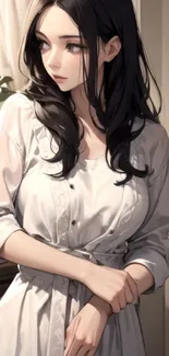 Anime-inspired artwork of an elegant character with long black hair.