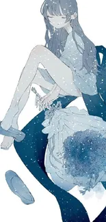 Elegant anime art with a blue theme, showing a serene figure.