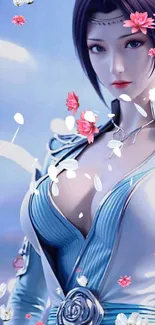 Anime character with flowers on blue background.