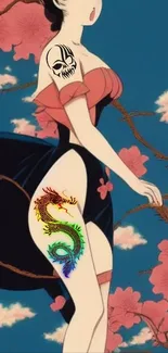 Anime character with dragon tattoo set against a floral teal background.