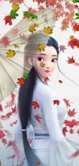 Anime girl in traditional dress with autumn leaves background.