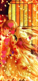 Anime girl in golden autumn dress with floral motifs.