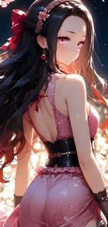 Anime character in cherry blossom scene with elegant attire.