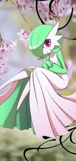 Anime character with blossoms in a light pink and green aesthetic.