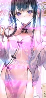 Anime character with cherry blossoms in a pastel-themed mobile wallpaper.